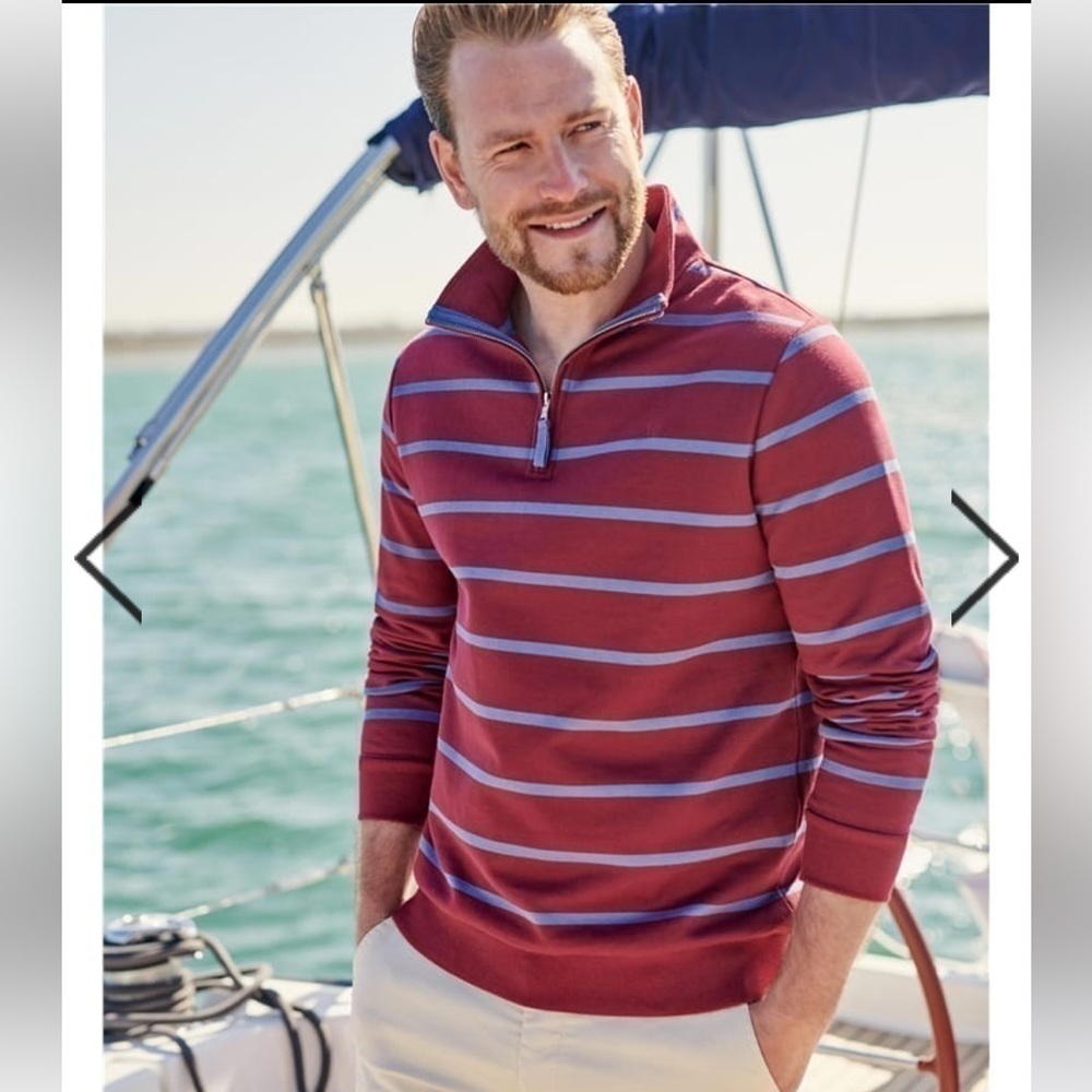 WoolOvers Striped Organic Cotton Half Zip Sweater Long Sleeve Burgundy Blue XL